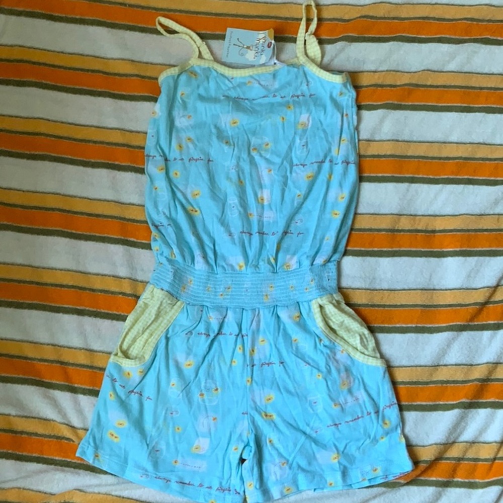 NWT munki munki Light Blue Floral Romper with Yellow Trim in size medium 8-10